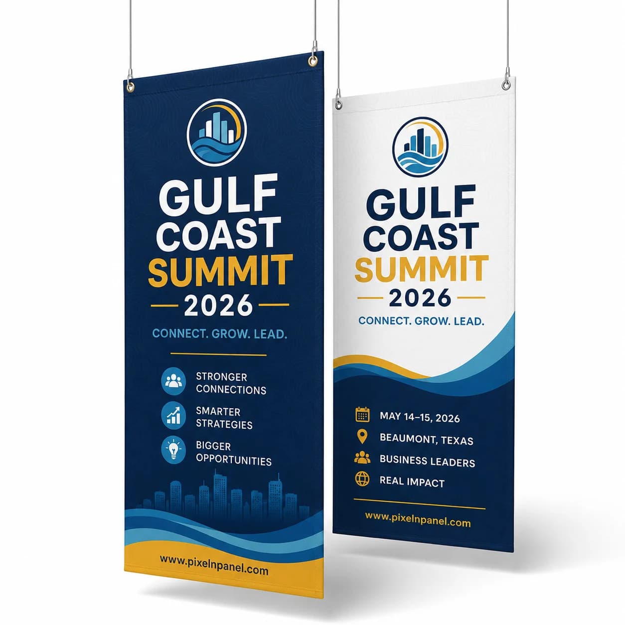 Double-sided blockout fabric banner hung overhead at an event in Beaumont TX
