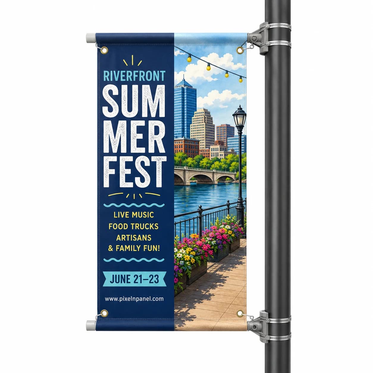 Double-sided street pole banner mounted on a city lamppost in Beaumont TX