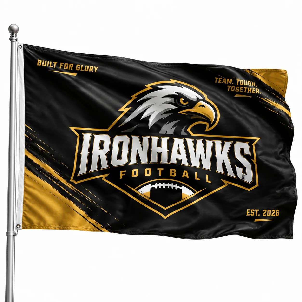 Custom printed pole flag flying on a flagpole in Beaumont TX