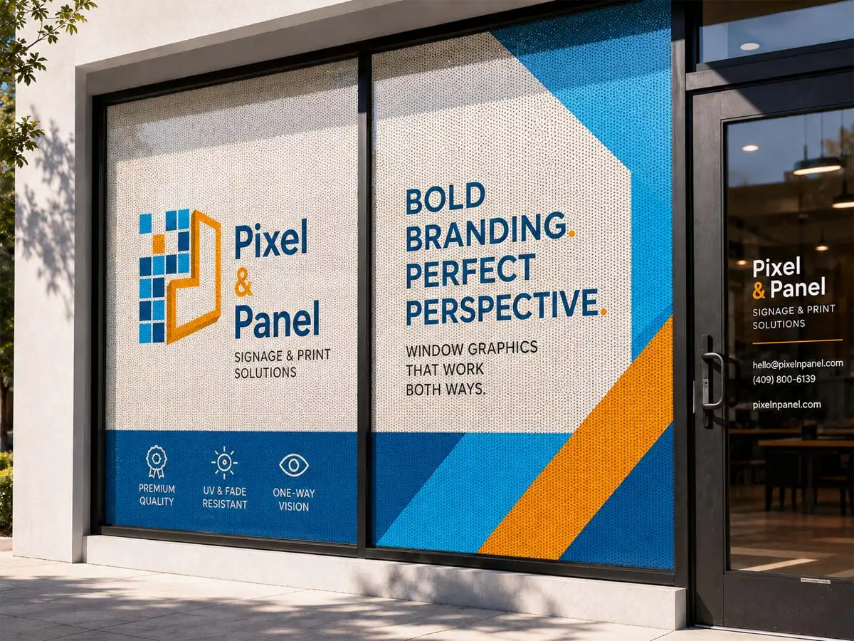 Perforated one-way window vinyl on a Beaumont TX storefront window